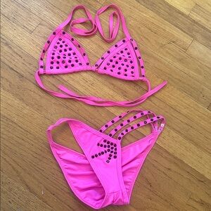 Roma Costume Sexy Hot Pink Studded Rhinestone Strappy Cut Out Bikini Set